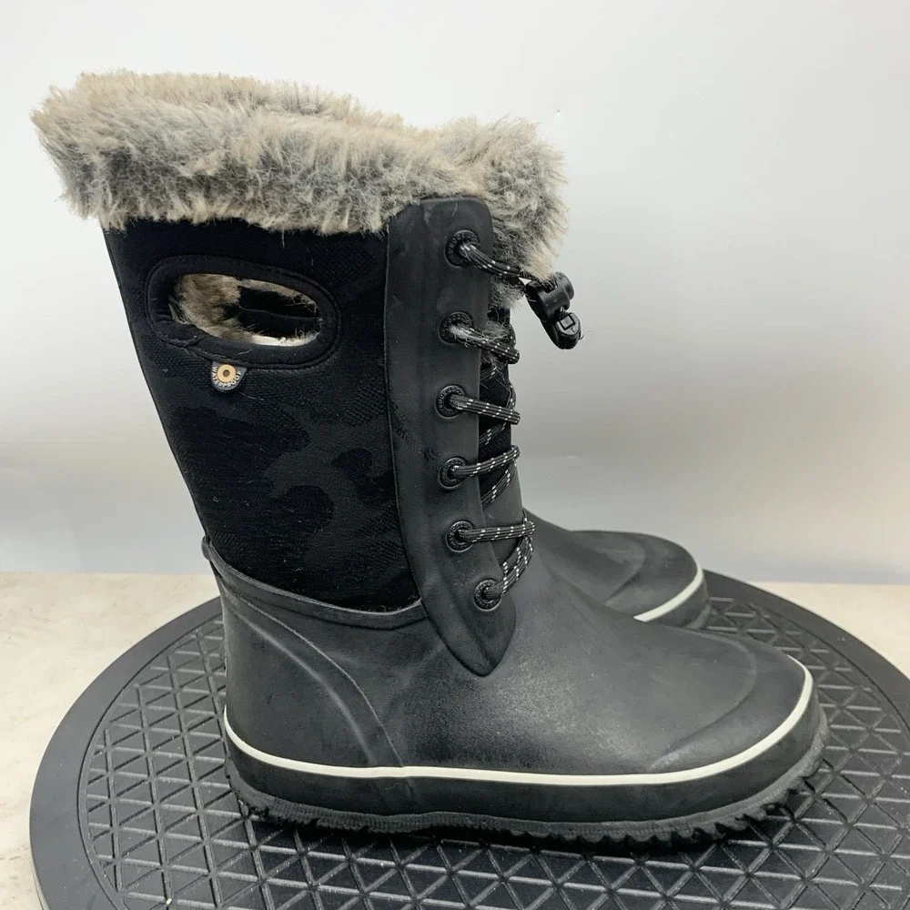 BOGS Arcata Boots Kids Size 3 Shoes Black Rubber Camo Faux Fur Snow Boys‎ Girls